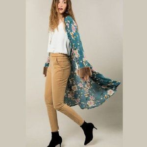 NWT Tiel Floral Kimono Cardigan W/Faux Fur Cuffs